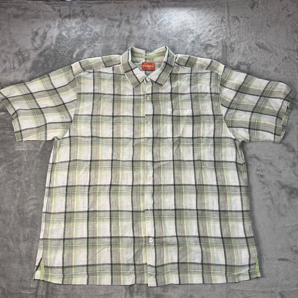 Tommy Bahama Button Down Shirt Men XL Green Plaid 100% Linen Short Sleeve Pocket
